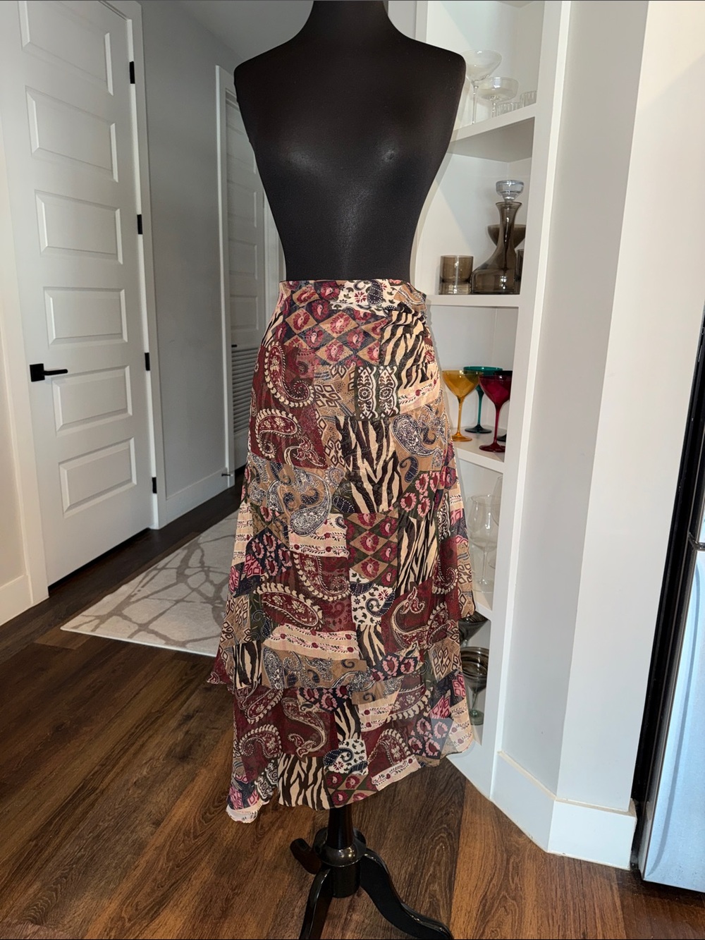 100% Silk Veronica Beard Tiered Maxi Skirt - Burgundy Multi